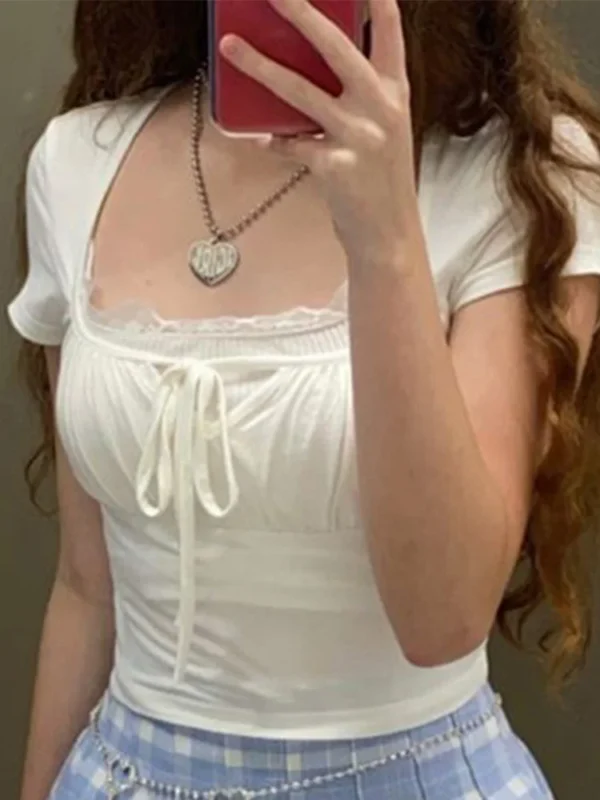 Casual White Knitted Lac Patched Female T-shirts Y2K Korean Style Slim Tie Up Shirring Summer Top Tee Folds Outfits - Image 2