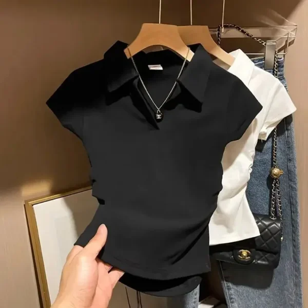 White Polo Short Sleeve T-shirt Women's Summer New Style Waist-fitted Slimming Casual Versatile Fashion Top For Women - Image 2