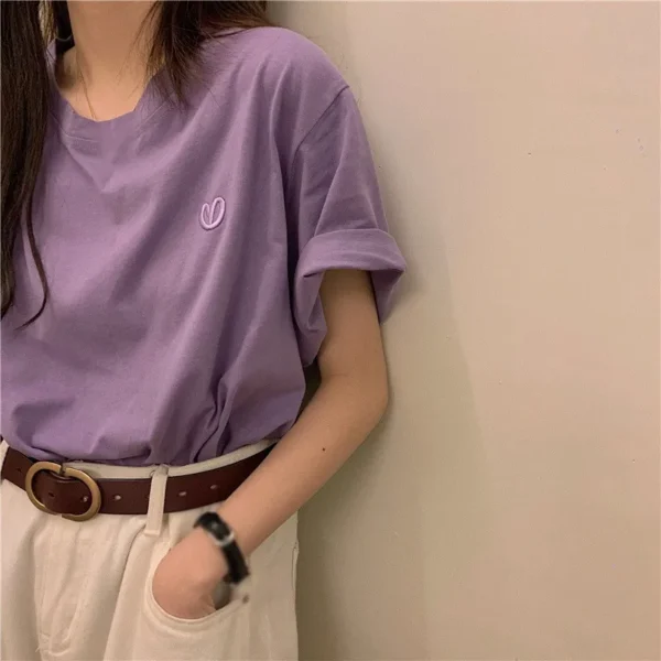 Summer Loose Round Neck T-Shirt Simple Embroidery Casual Versatile Short Sleeved Tees Women's Cozy Cotton Solid Color Top - Image 2