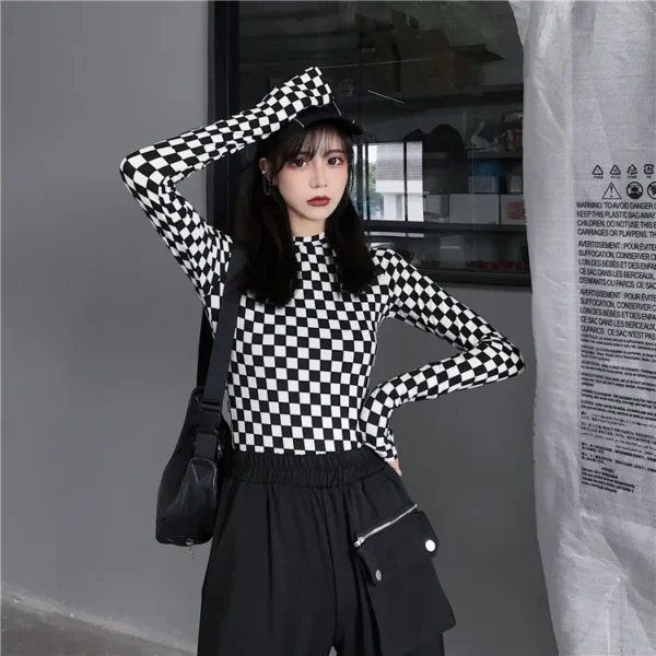 Black & White Checkered Mesh Top Long Sleeve Mock Neck Cropped Top Women's T-shirts Altgirl Outfit / - Image 6