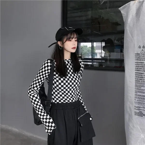 Black & White Checkered Mesh Top Long Sleeve Mock Neck Cropped Top Women's T-shirts Altgirl Outfit / - Image 4