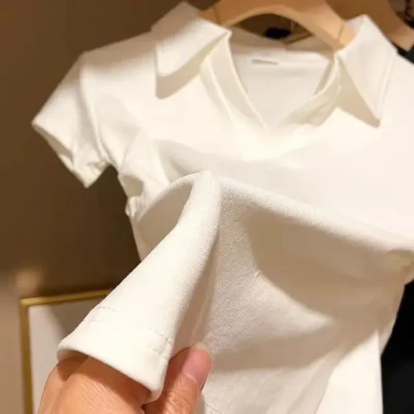 White Polo Short Sleeve T-shirt Women's Summer New Style Waist-fitted Slimming Casual Versatile Fashion Top For Women - Image 3