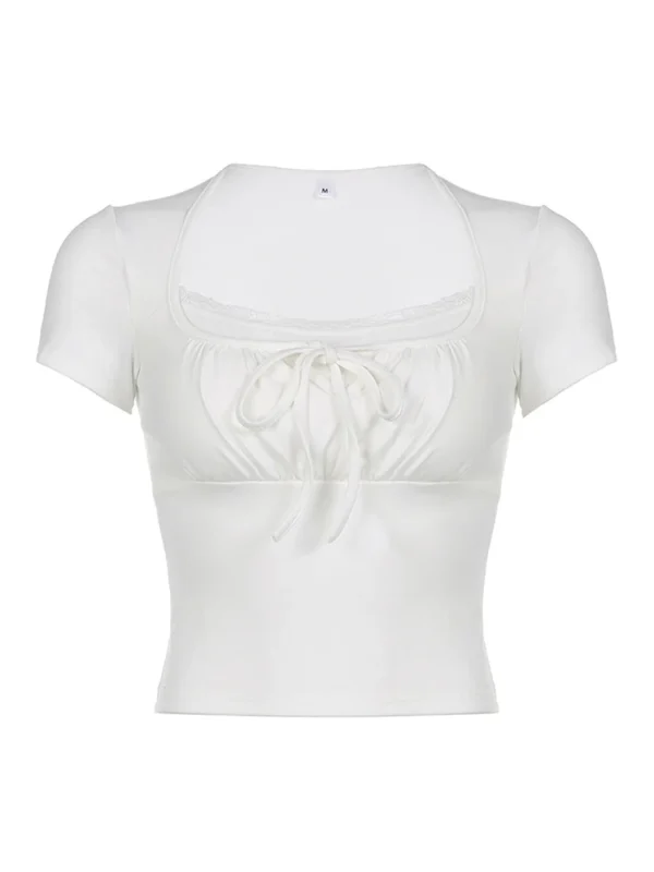 Casual White Knitted Lac Patched Female T-shirts Y2K Korean Style Slim Tie Up Shirring Summer Top Tee Folds Outfits - Image 5