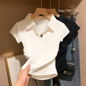 White Polo Short Sleeve T-shirt Women's Summer New Style Waist-fitted Slimming Casual Versatile Fashion Top For Women