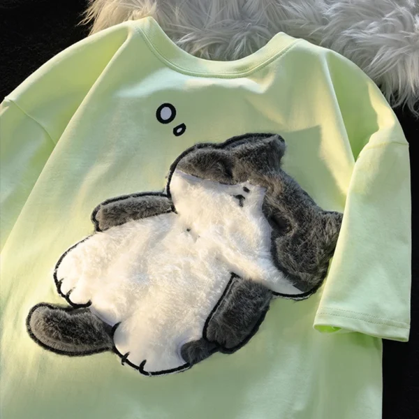 2024 Summer New Cartoon Cat Women's T-shirt Korean Simple Casual Women's Short Sleeve T-shirt Fun Sweet Cute Y2K Tops - Image 2